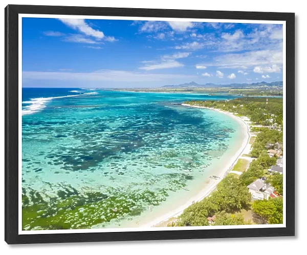 Public Beach by the turquoise Indian Ocean, aerial view, Poste Lafayette, East coast