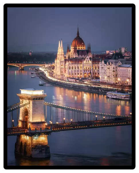 The Hungarian Parliament on the River Danube with the Chain Bridge, UNESCO World Heritage