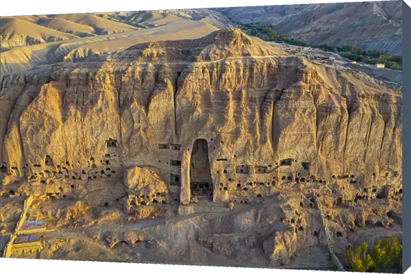 Aerial by drone of the site of the great Buddhas in Bamyan (Bamiyan), taken in 2019