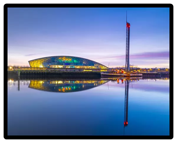 The Science Museum and Glasgow Tower at dusk, River Clyde, Glasgow, Scotland
