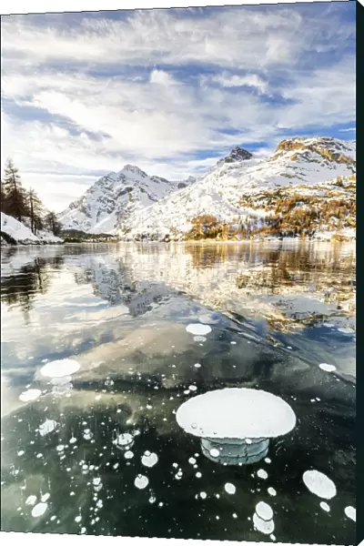 Methane bubbles in the icy surface of Silsersee with snowy peak, Lake Sils