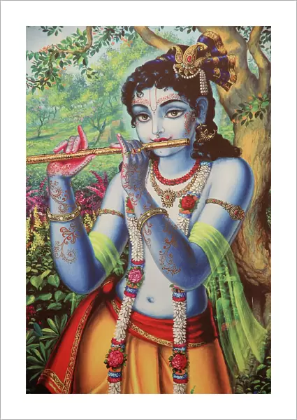 Painting depicting Hindu god Krishna playing a flute outdoors, Vrindavan, Uttar Pradesh