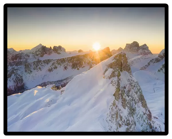 Sunrise on Ra Gusela, Lastoi De Formin and Monte Pelmo covered with snow, Giau Pass