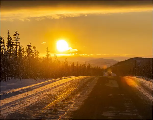 Sunset over the Road of Bones, Sakha Republic (Yakutia), Russia, Eurasia