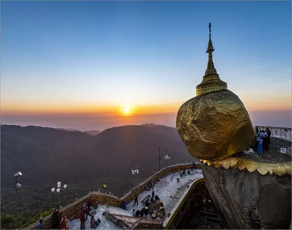 Kyaiktiyo Pagoda (Golden Rock) at sunset, Mon state, Myanmar (Burma), Asia