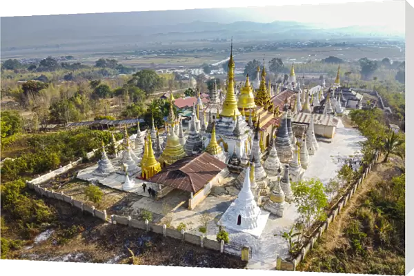Aerial view by drone of pagodas, Inle Lake, Shan state, Myanmar (Burma), Asia