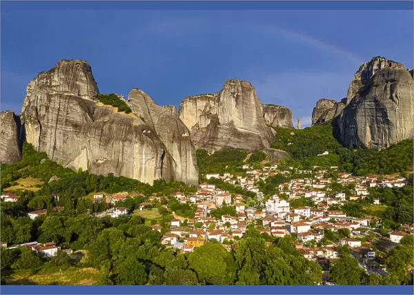 Aerial by drone of the village of Kastraki in the huge rocks of the UNESCO World Heritage