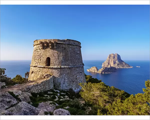Torre des Savinar and Es Vedra Island, Ibiza, Balearic Islands, Spain, Mediterranean
