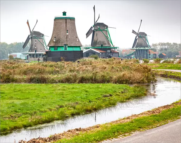 Zaanse Schans, a museum village with Dutch houses and windmills in Zaandam, North Holland