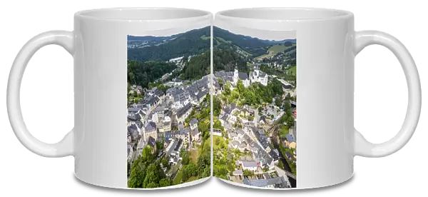 Aerial of St. Georgen Kirche and Palace, town of Schwarzenberg, Ore Mountains