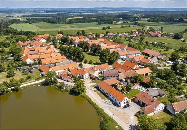 Aerial of the historic village of Holasovice, UNESCO World Heritage Site, South Bohemia
