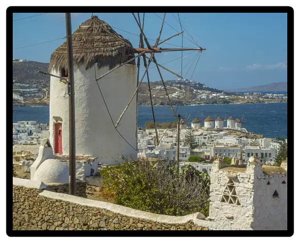 Elevated view of windmills and town, Mykonos Town, Mykonos, Cyclades Islands