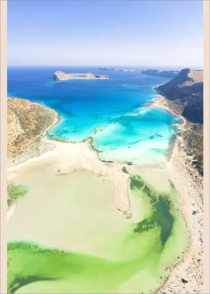 Aerial view of idyllic emerald green water of Balos lagoon and crystal sea, Crete island