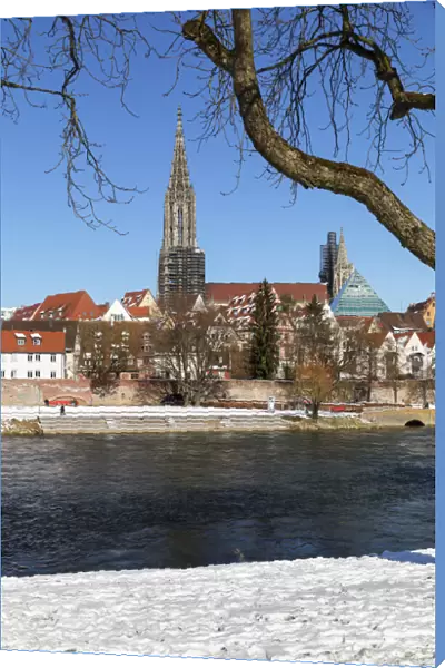 View over Danube River to Ulm Cathedral, Ulm, Swabian Alps, Baden-Wurttemberg, Germany