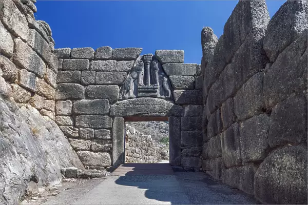 Triangle shaped Lions Gate, the entrance to the ancient citadel, Mycenae, UNESCO World Heritage Site, Peloponnese, Greece, Europe