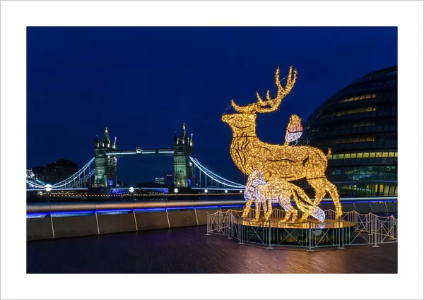 Christmas decorations at More London Place with Tower Bridge in background, London, England, United Kingdom, Europe