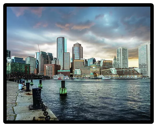 Boston Waterfront Skyline and stormy skies, Boston, Massachusetts, New England, United States of America, North America