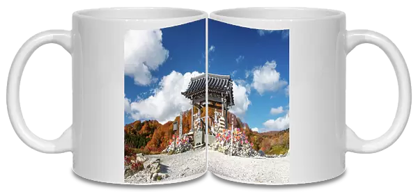 Little shrine in a volcanic landscape and autumnal colors, Osorezan Bodaiji Temple, Mutsu, Aomori prefecture, Honshu, Japan, Asia