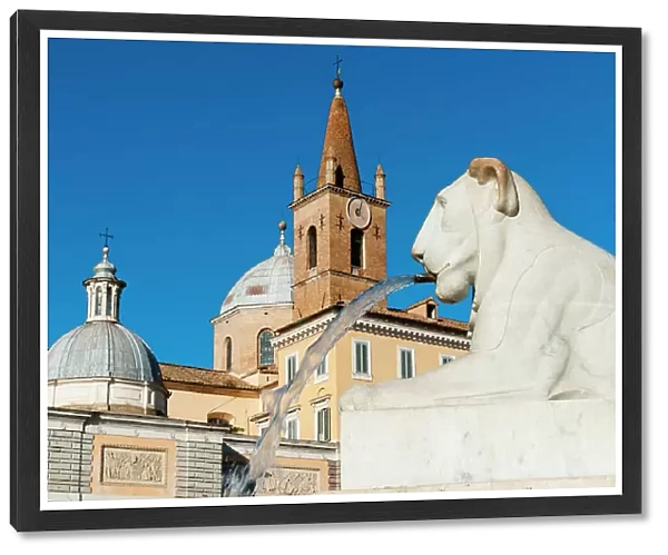Basilica of St. Maria del Popolo, Lion of Fountain of Obelisk, Piazza del Popolo, UNESCO World Heritage Site, Rome, Latium (Lazio), Italy, Europe