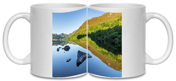Morning lake reflections, Llyn Crafnant, Snowdonia National Park, Wales, United Kingdom, Europe