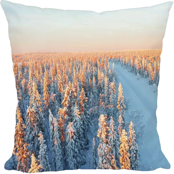 View from a drone of a car travelling an icy road among pine tree wood at sunrise, Swedish Lapland, Sweden, Scandinavia, Europe