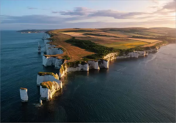 Aerial view of Old Harry Rocks at sunset, Handfast Point, Purbeck, Jurassic Coast, UNESCO World Heritage Site, Dorset, England, United Kingdom, Europe