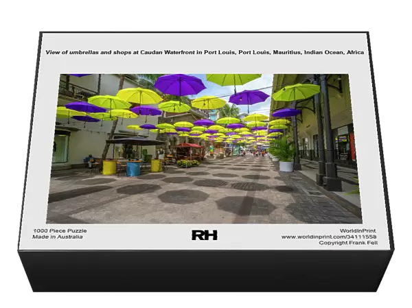 View of umbrellas and shops at Caudan Waterfront in Port Louis, Port Louis, Mauritius, Indian Ocean, Africa