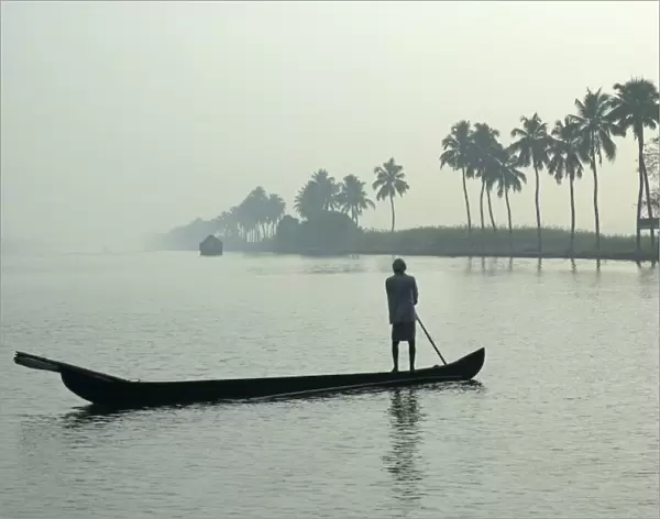 Canoe at dawn on backwaters, Alleppey District, Kerala, India, Asia