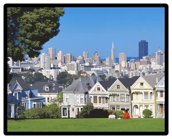 Alamo Square, with city skyline in background, San Francisco, California