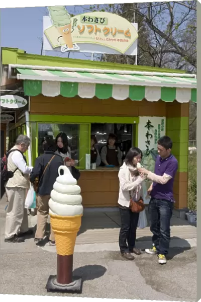 Visitors enjoying wasabi (Japanese horseradish) ice cream at the Daio Wasabi Farm in Hotaka