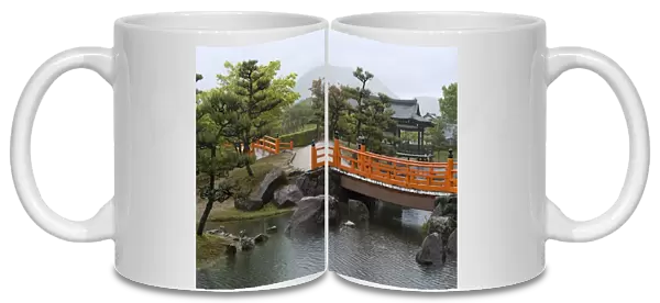 Vermilion-colored bridge at Murasaki Shikibu Park in Takefu City, Fukui, Japan, Asia