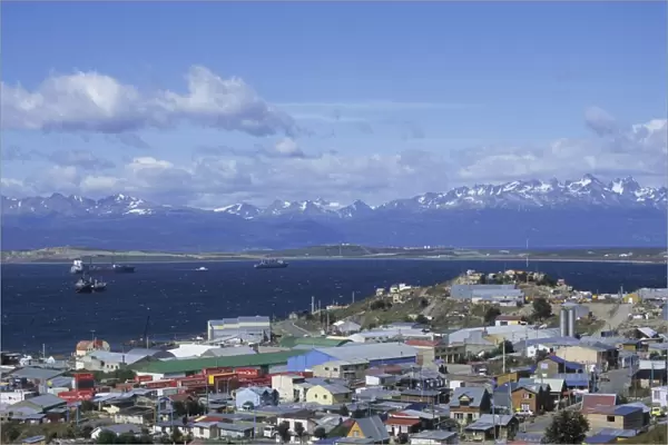 Boats float in the Beagle Channel, the capital of Tierra del Fuego province
