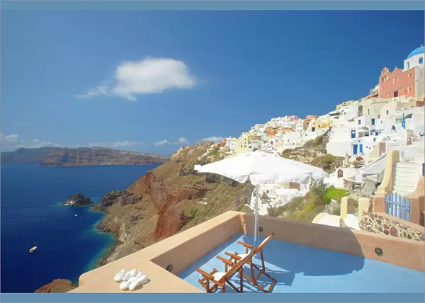 Terrace in Oia, Santorini, Cyclades, Greek Islands, Greece, Europe