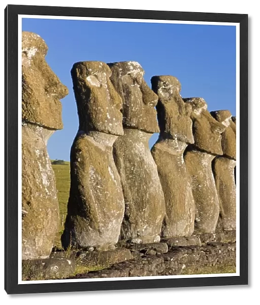 Row of monolithic stone Moai statues known as Ahu Akivi, Rapa Nui (Easter Island)
