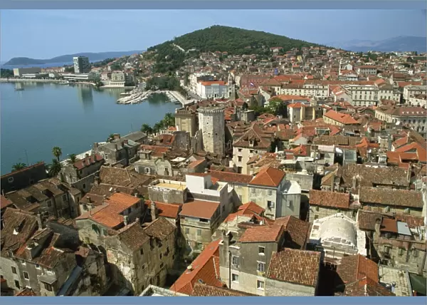 Roofscape of city from belltower, Split, Dalmatia, Croatia, Europe