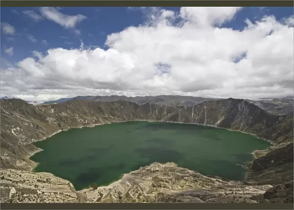 Laguna Quilatoa, famous volcanic crater with 250m deep green lake of alkaline water