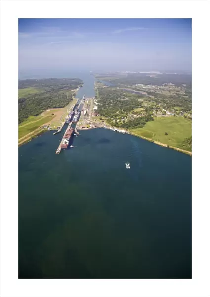 Container ships in Gatun Locks, Panama Canal, Panama, Central America