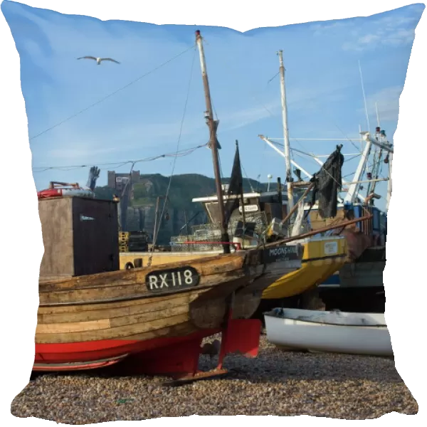Fishing boats on pebble beach at Hastings, Hastings, Sussex, England, United Kingdom