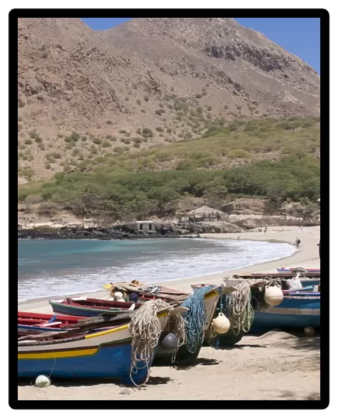 Fishing boats on sandy beach of Tarrafal, Santiago, Cape Verde Islands, Atlantic, Africa