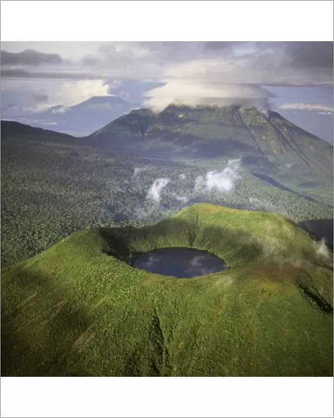 Aerial view of Mount Visoke (Mount Bisoke), an extinct volcano straddling the border of Rwanda