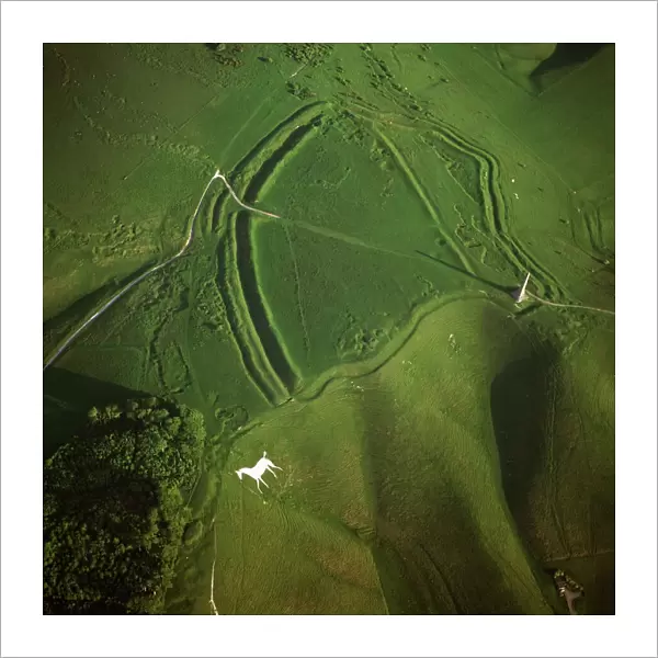 Aerial image of Oldbury Camp Hill Fort with Cherhill White Horse, Cherhill Down