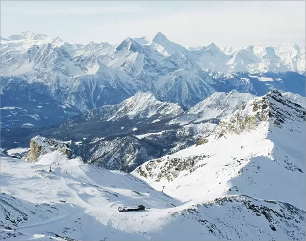 Mountain scenery in Cervinia ski resort, Cervinia, Valle d Aosta, Italian Alps