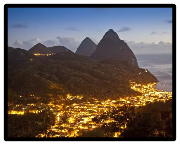 The Pitons and Soufriere at night, St. Lucia, Windward Islands, West Indies