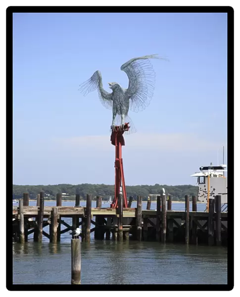 Morning Call Sculpture, 9  /  11 memorial of an osprey on a perch made from beams from the World Trade Center, Greenport, Long Island, North Fork, New York, United States of America