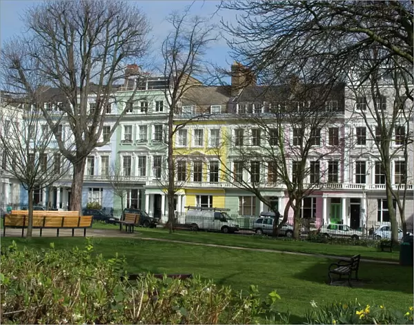 The pastel-coloured houses of Chalcot Square, near Primrose Hill, London
