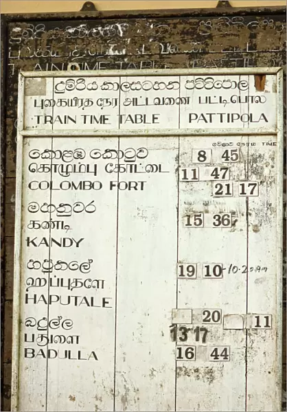 Timetable for the Colombo to Badulla train at Pattipola, highest railway station in Sri Lanka