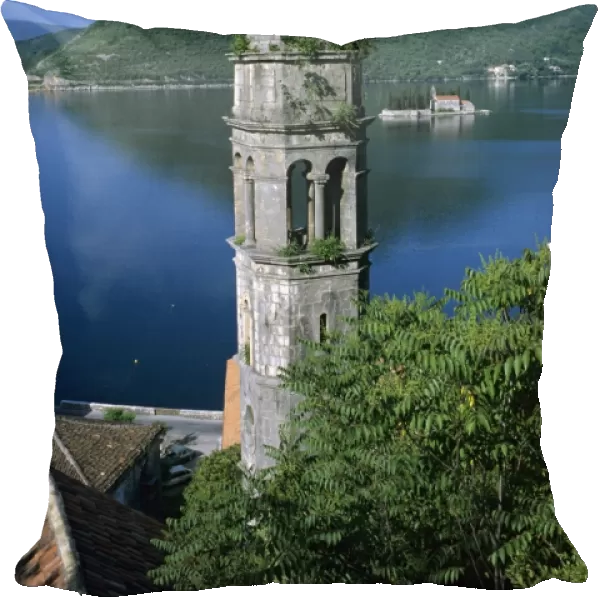 Church of St. Nikola belfry and the Benedictine Monastery of St. George on islet, Perast, The Boka Kotorska (Bay of Kotor), UNESCO World Heritage Site, Montenegro, Europe