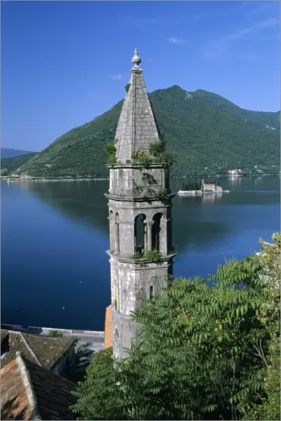 Church of St. Nikola belfry and the Benedictine Monastery of St. George on islet, Perast, The Boka Kotorska (Bay of Kotor), UNESCO World Heritage Site, Montenegro, Europe