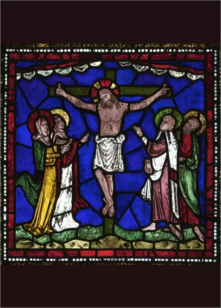 Medieval stained glass of The Crucifixion, Corona Redemption Window, East End, Corona I, Canterbury Cathedral, UNESCO World Heritage Site, Canterbury, Kent, England, United Kingdom, Europe