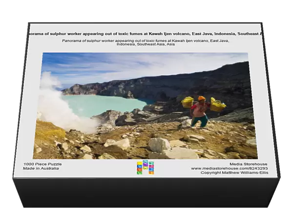 Panorama of sulphur worker appearing out of toxic fumes at Kawah Ijen volcano, East Java, Indonesia, Southeast Asia, Asia